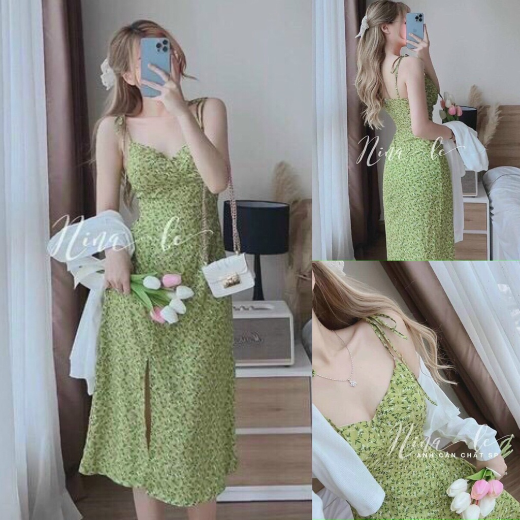 Sét Đầm Váy Nữ Body Chất Lụa Hoa 2 Dây Xẻ Tà ( Có Mút Ngực ) Kèm Áo Khoác Ngoài Thun Gân Dài Tay