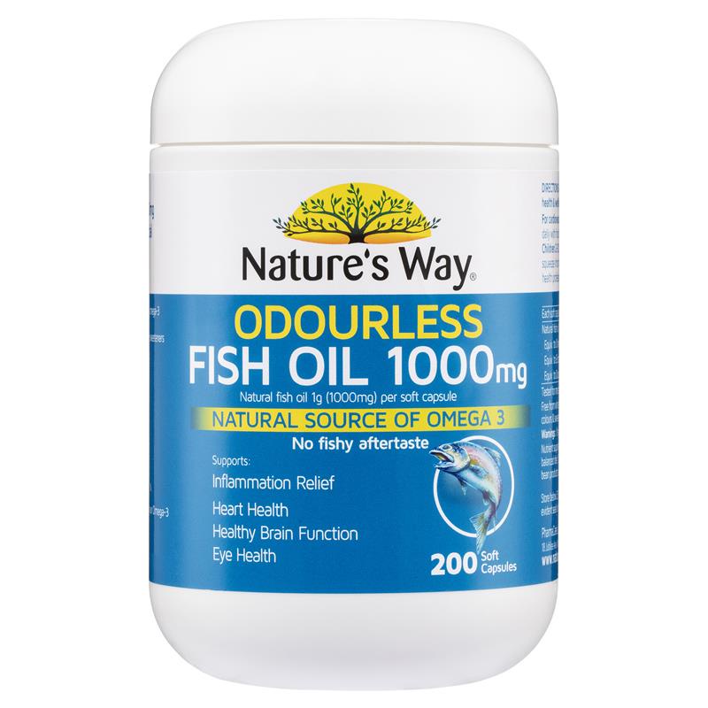 Viên uống Nature's Way Odourless Fish Oil 1000mg 200 viên dầu cá tự nhiên không mùi, hỗ trợ cho não bộ thị lực