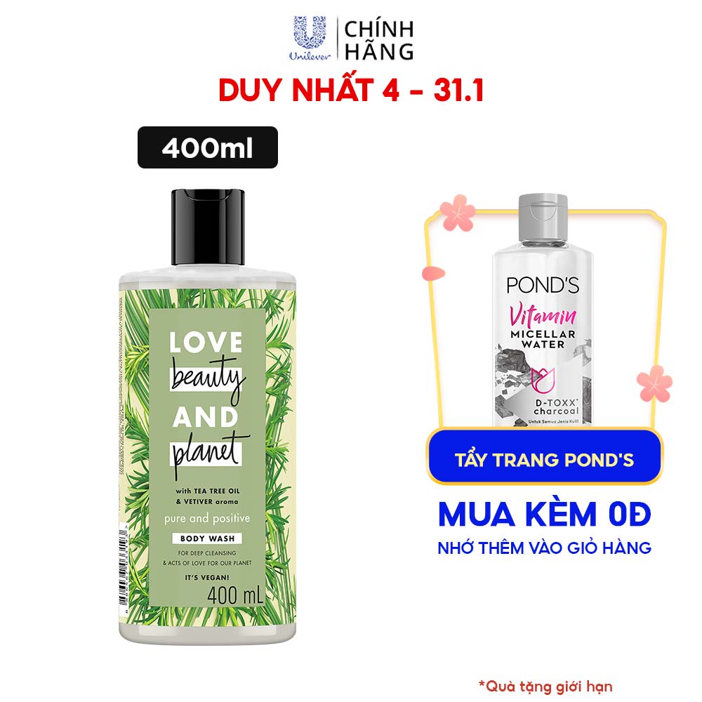 Sữa Tắm Love Beauty &amp; Planet Thải Độc Detox Lưu Hương Thanh Mát Pure And Positive Với 100% Tinh Dầu Tràm Trà Úc 400Ml