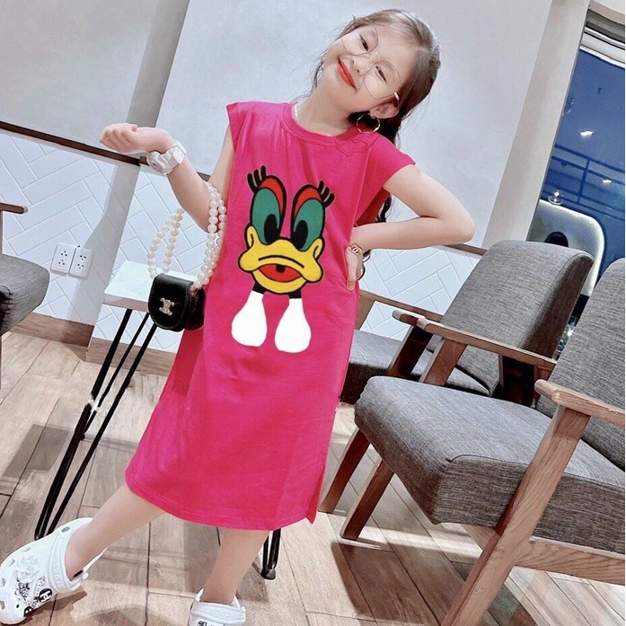 Váy bé gái họa tiết Vịt, Đầm suông form rộng sát nách xẻ tà chất thun cotton cực xinh cho bé từ 17 đến 45 kg, DUCK361