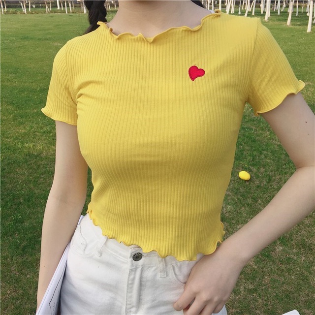 Áo Croptop Tay Ngắn Cuốn Biên Thêu Trái Tim