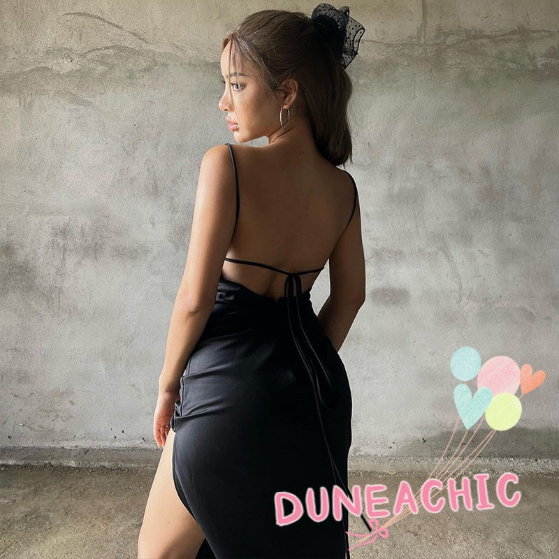 DUNEA Đầm Hai Dây Hở Lưng Xẻ Tà Gợi Cảm Cho Nữ