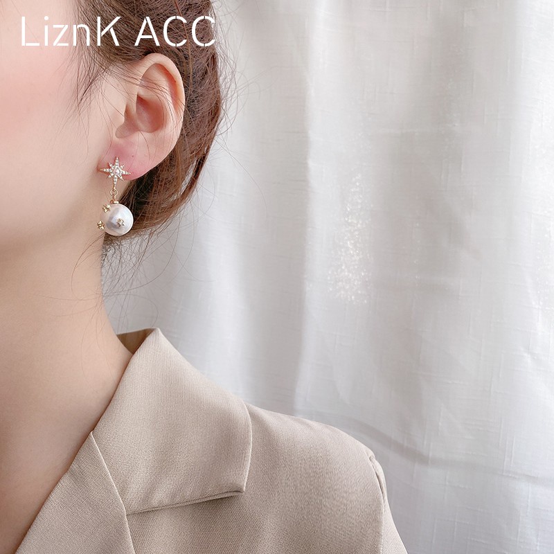 Đôi Khuyên Tai Dài Hình Mặt Trăng Và Ngôi Sao Đính Ngọc Trai Sang Trọng Cho Nữ