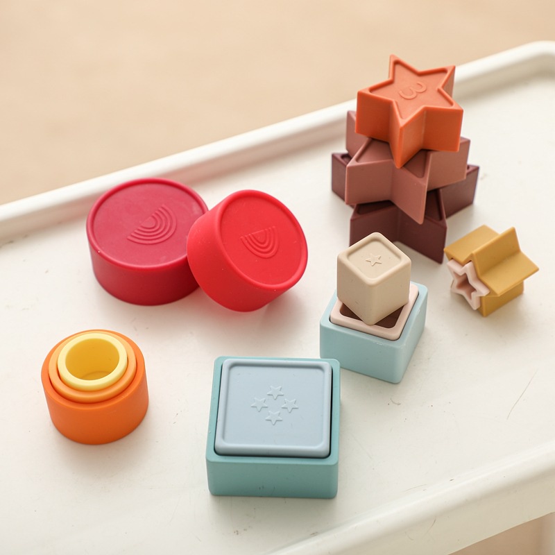 Bộ Đồ Chơi Xếp Chồng Silicon Mềm, nhận biết hình học theo phương pháp Montessori