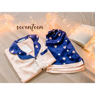 Set bộ đồ ngủ pijama cộc đùi lụa satin tim navy mát lạnh
