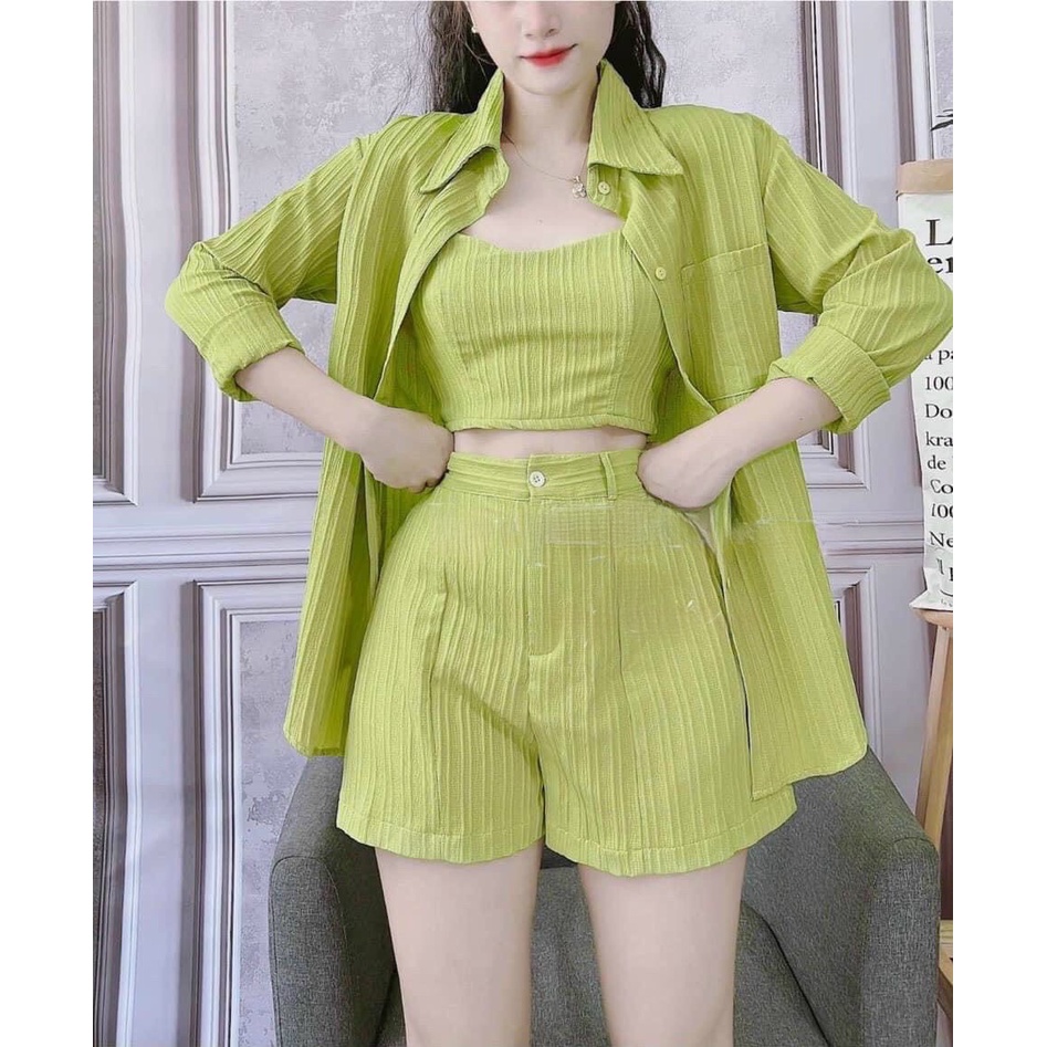Sét bộ đùi nữ 3 món phong cách trẻ trung năng động áo khoác tay dài mix bra cúp ngực phối quần đùi xinh xắn