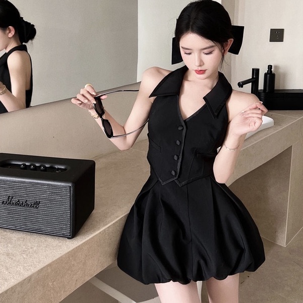 Bộ Áo Không Tay Dáng Ôm + Chân Váy Chữ A Lưng Cao Màu Đen Thời Trang Mùa Hè Quyến Rũ Cho Nữ