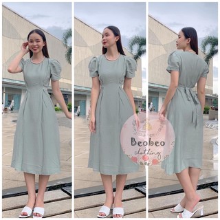 [Ảnh thật] Đầm midi xanh cổ tròn thắt nơ vintage