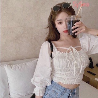 (Xả kho giá gốc) Áo kiểu nhún bo eo kèm dây cột nơ, vải voan đẹp