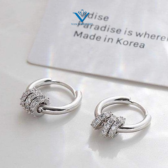 Khuyên tai bạc khuyên tròn basic bạc 925 xâu hạt đính đá xi kim Van Jewelry V10370