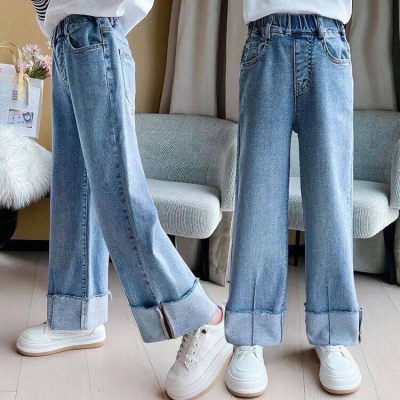 Quần Jean Ống Rộng Lưng Cao Co Giãn 100-160cm Dành Cho Bé Gái 3-14 Tuổi