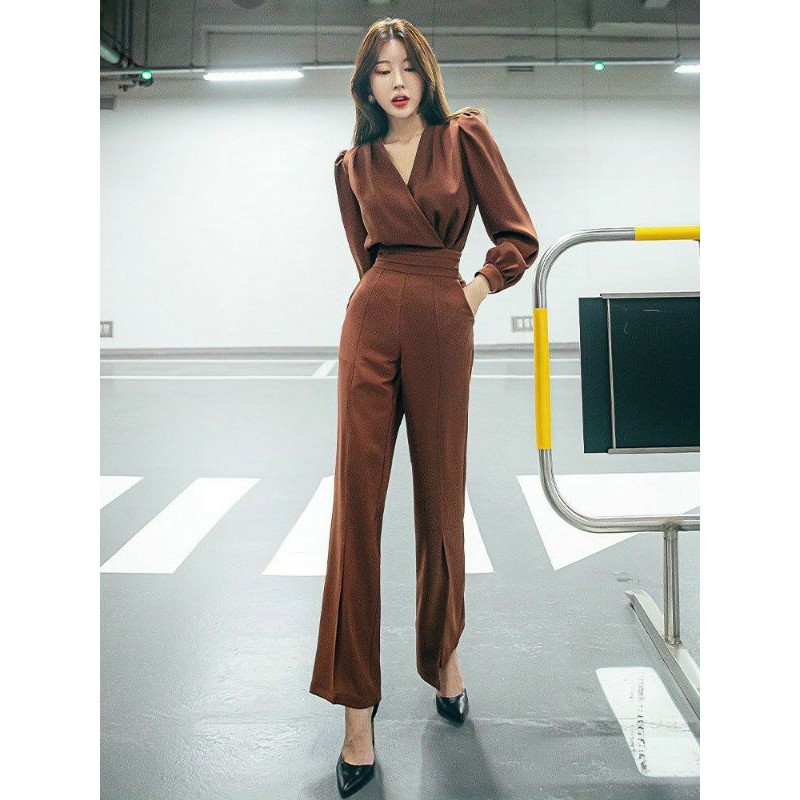 Jumpsuit dài lụa tằm Ý cổ V, bộ jum tay phồng sang trọng - DTH