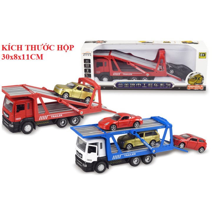 Đồ chơi mô hình xe tải 2 tầng bằng sắt có âm thanh và đèn khi nhấn đầu xe gồm cả xe ô tô con