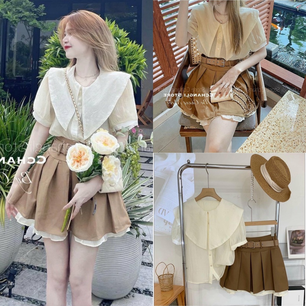 Set Áo Sơ Mi Cổ Sen Kèm Chân Váy Kaki Dáng Xòe Hot Nhất Hè 2022