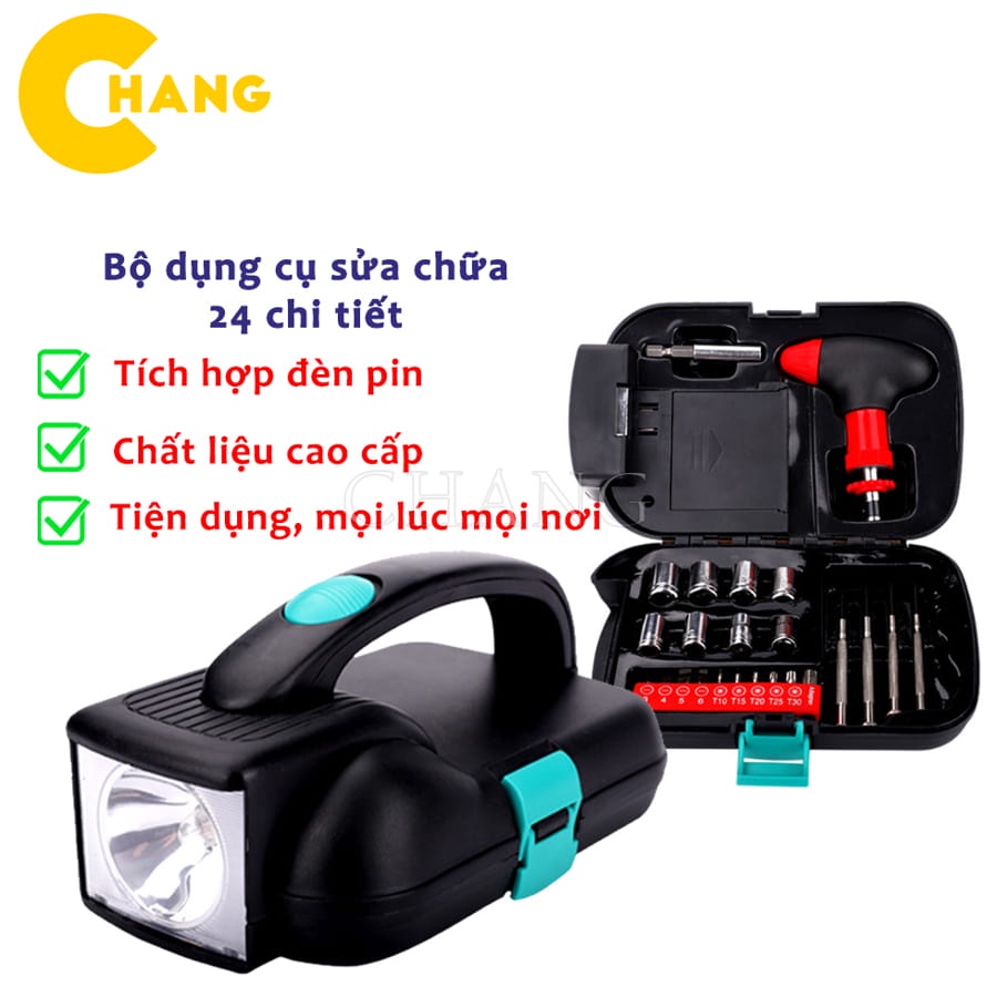 Bộ Dụng Cụ Sửa Chữa 24 Món Đa Năng Tua Vít Lục Giác Đồ Nghề Sửa Xe Có Đèn Pin