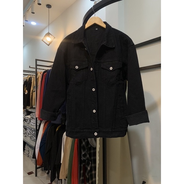 ÁO KHOÁC JEANS BÒ DENIM JACKET FASHION UNISEX IN LƯNG MÀU ĐEN ẢNH THẬT