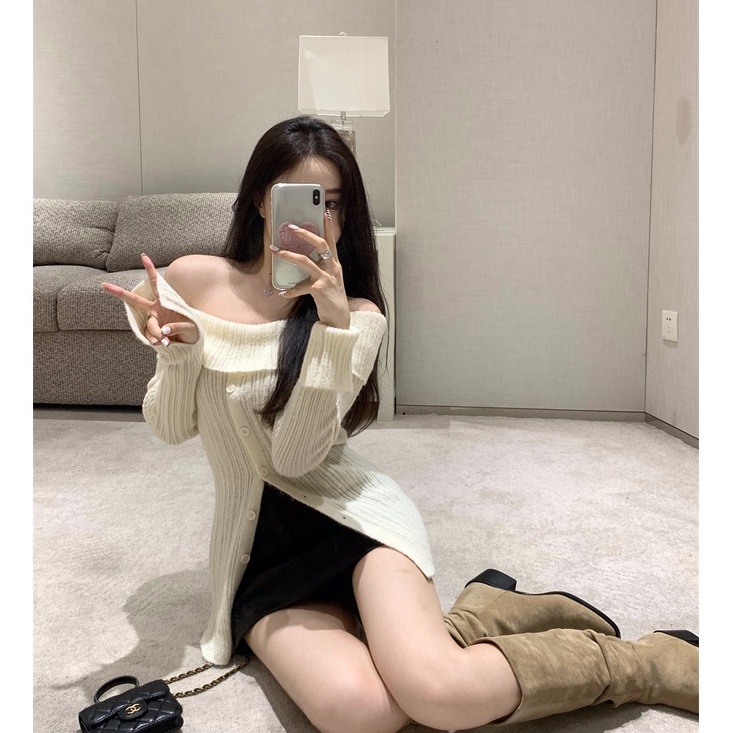 QADCOL Áo sweater Dệt Kim Tay Dài Thiết Kế Xẻ Tà Thời Trang Mùa Thu Cho Nữ