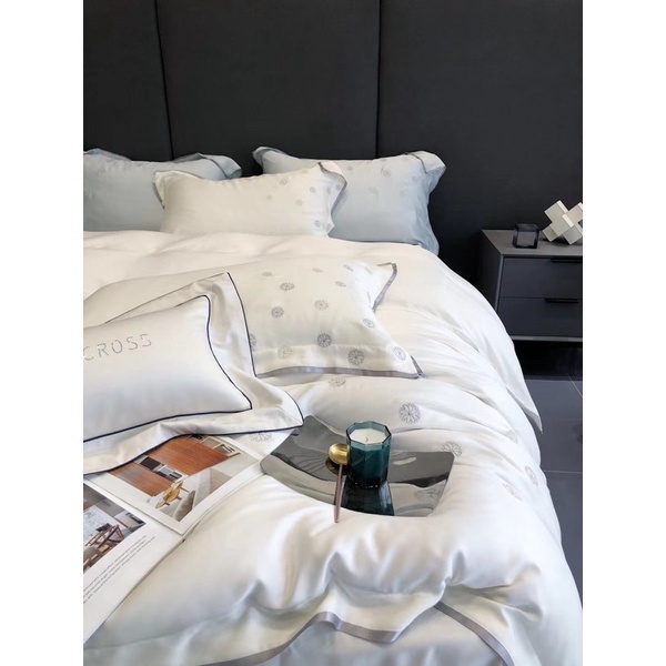 Bộ chăn ga và vỏ gối tencel 120s cao cấp Mùa Decor - Hoạ tiết bông tuyết trắng luxury