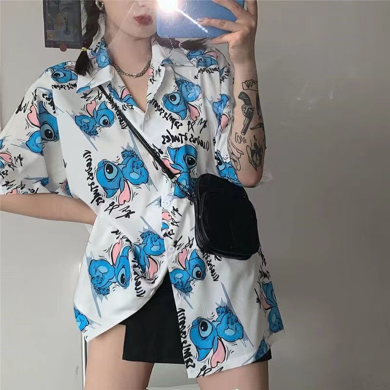 Áo Sơ Mi Tay Ngắn Dáng Rộng In Hoạt Hình Lilo &amp; Stitch Phối Nút Thời Trang Cho Nữ