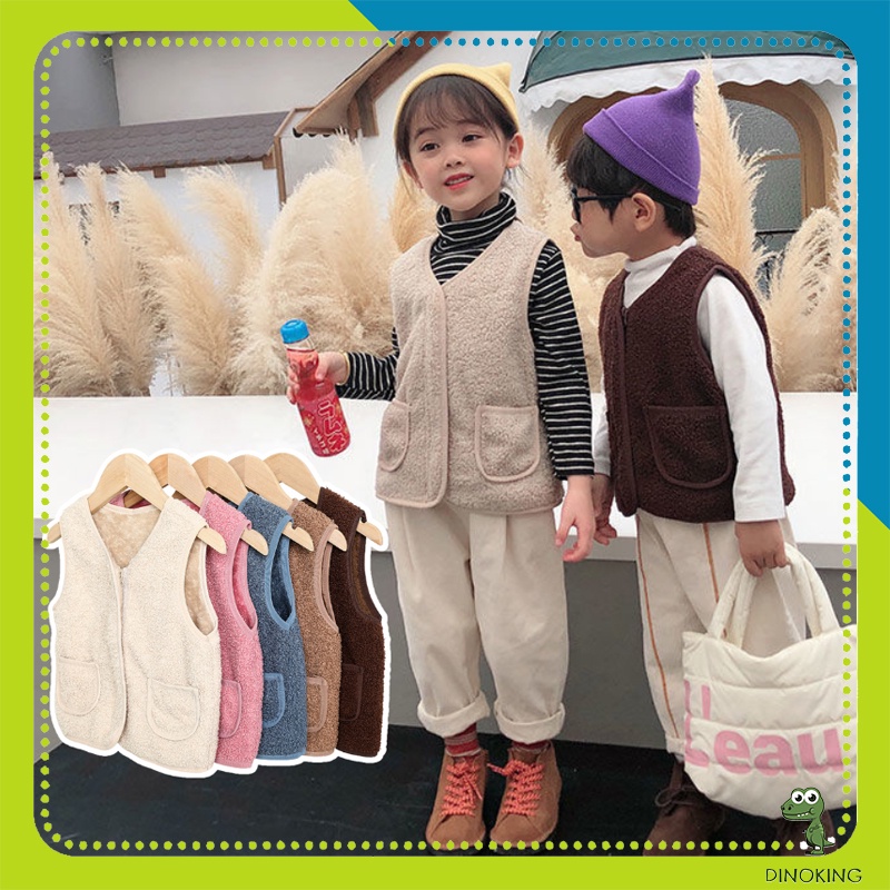 Áo gile cho bé trai bé gái DINOKING Áo khoác gi lê lông cừu 2 mặt có khóa siêu mềm mịn mùa thu đông cho trẻ em AK09