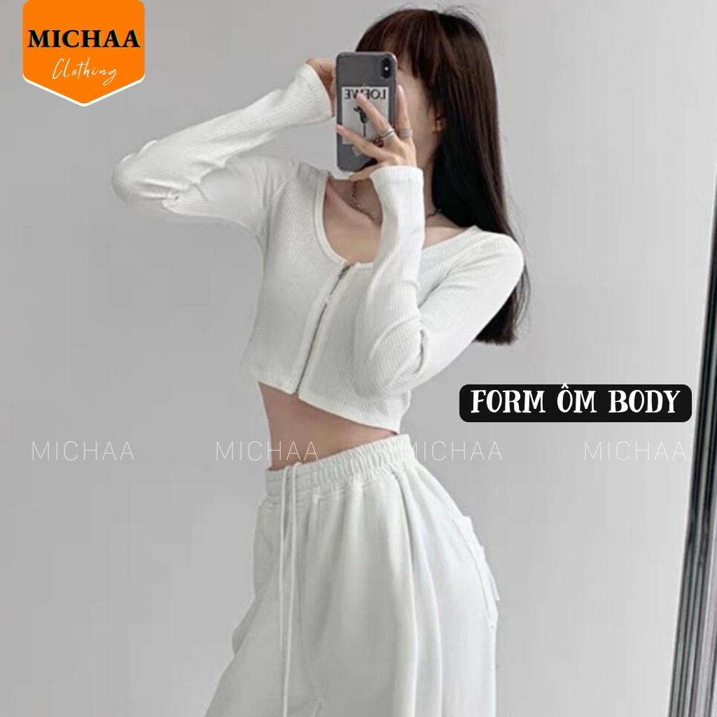 Áo Croptop Tay Dài DÂY KÉO NGỰC Nữ Thun Gân Ulzzang Kiểu Cổ Vuông Đẹp Ôm Body - MICHAA