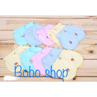 Combo nón,bao tay chân màu cho bé(5 nón tai thỏ in hình,5 đôi bao tay,5 đôi bao chân dún màu Trâm Vy-MH)