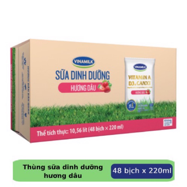 Thùng 48 bịch sữa tươi Vinamilk Dâu - 220ml x 48 bịch