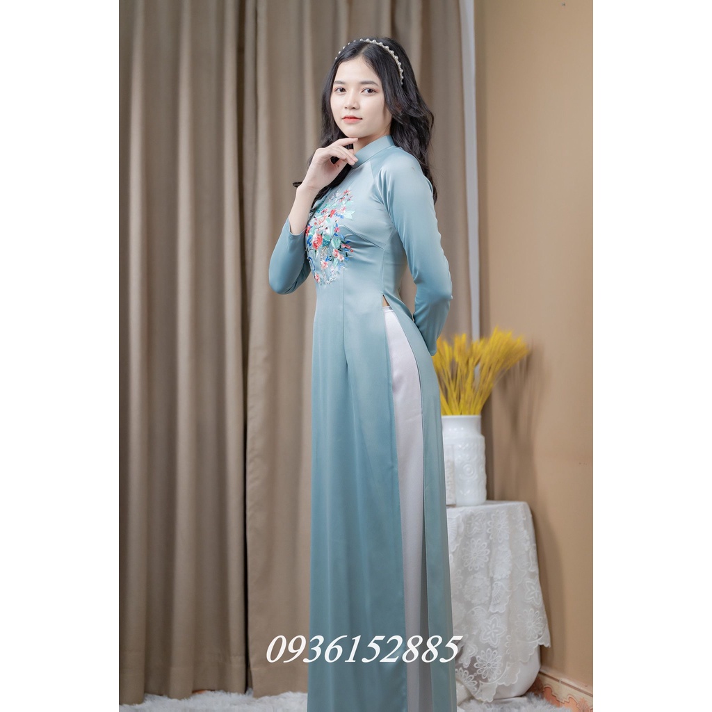 Áo dài truyền thống lụa xanh ngọc thêu đính kết thủ công tà dài đẹp 135cm đi dạy du lịch Nét Việt