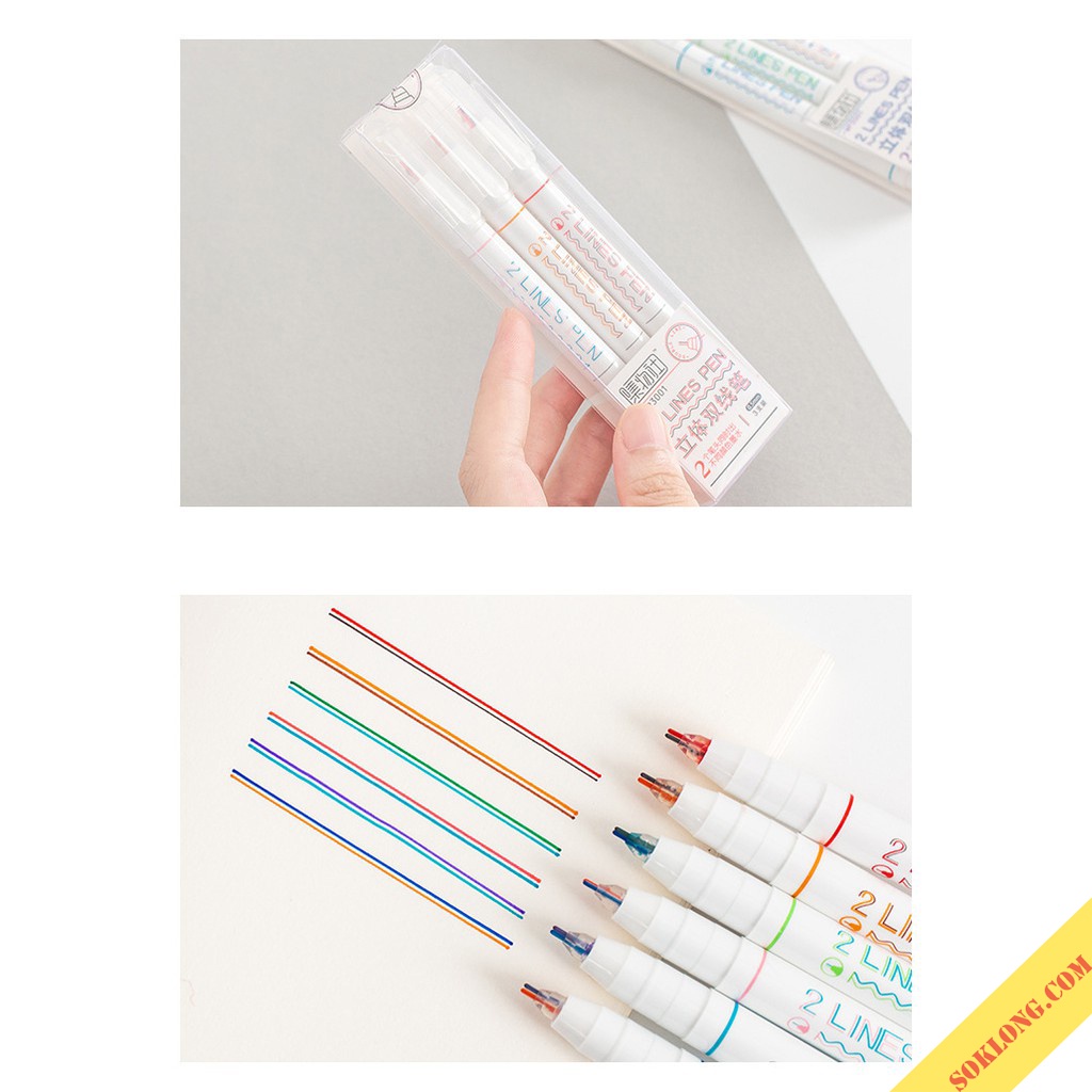 Bút gel 2 ngòi 2 Lines Pen nét 0.5mm nhiều màu, bút ghi chú, trang trí sổ Tuệ Minh