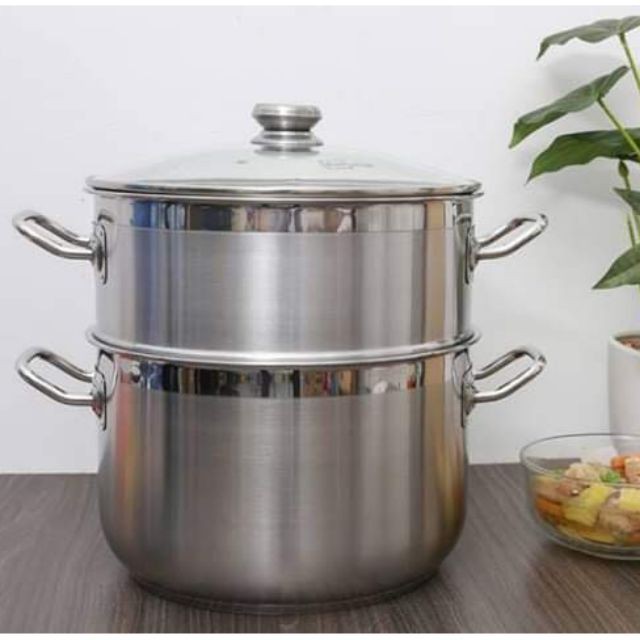 Bộ nồi xửng hấp 3 đáy inox 430 FiveStar Standard  bếp từ nắp kính tặng 5 muỗng ăn (30cm )