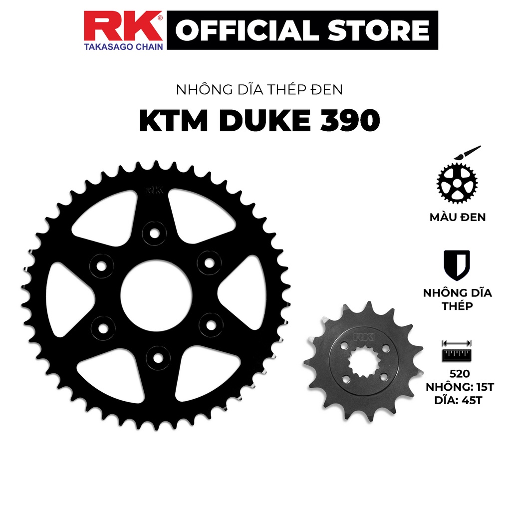 Nhông Dĩa RK Takasago chain cho xe phân khối lớn KTM Duke 390, chất liệu: Thép mạ màu đen, độ dày Nhông Dĩa: 520