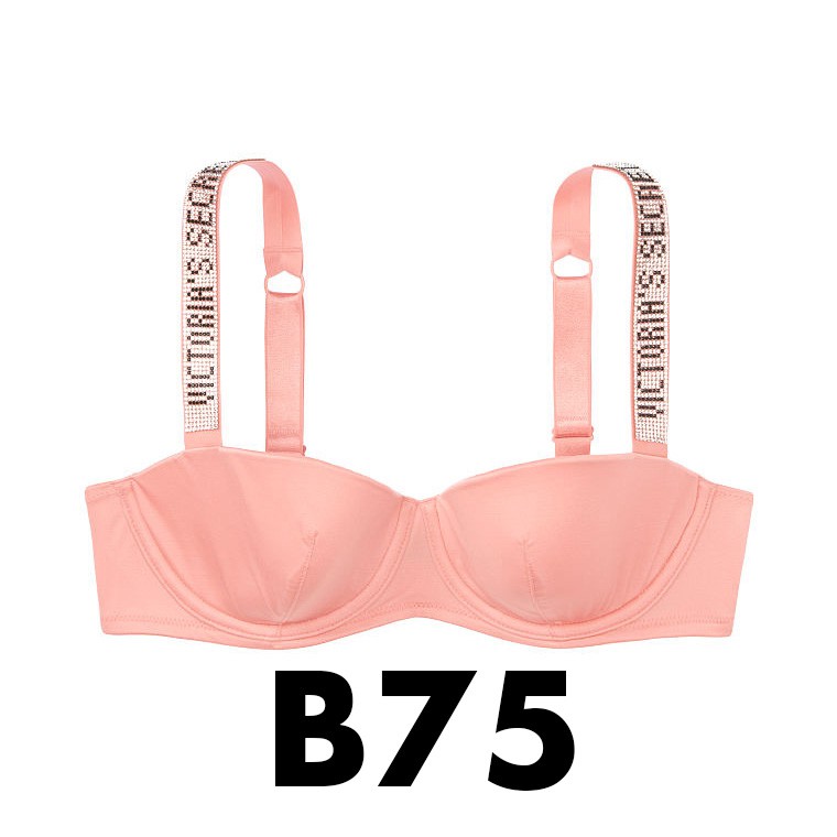 Áo Vic 34B/B75 - Áo bra hồng đính hạt chữ (113) không nâng, có gọng, Balconette Dollhouse - Victoria's Secret