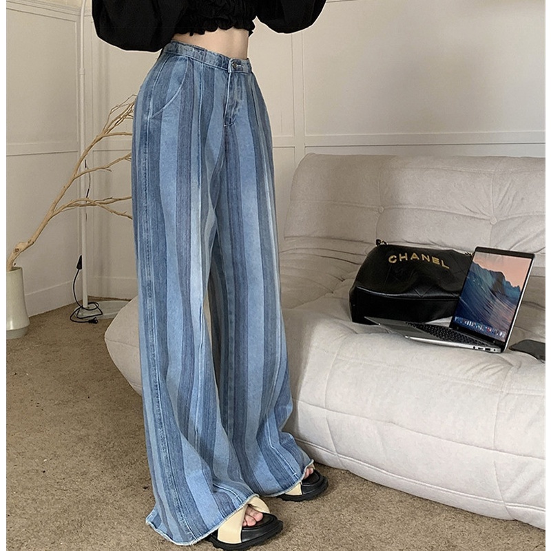 Quần Jean Dài Dáng Rộng Ống Suông Hoa Văn Kẻ Sọc Thời Trang