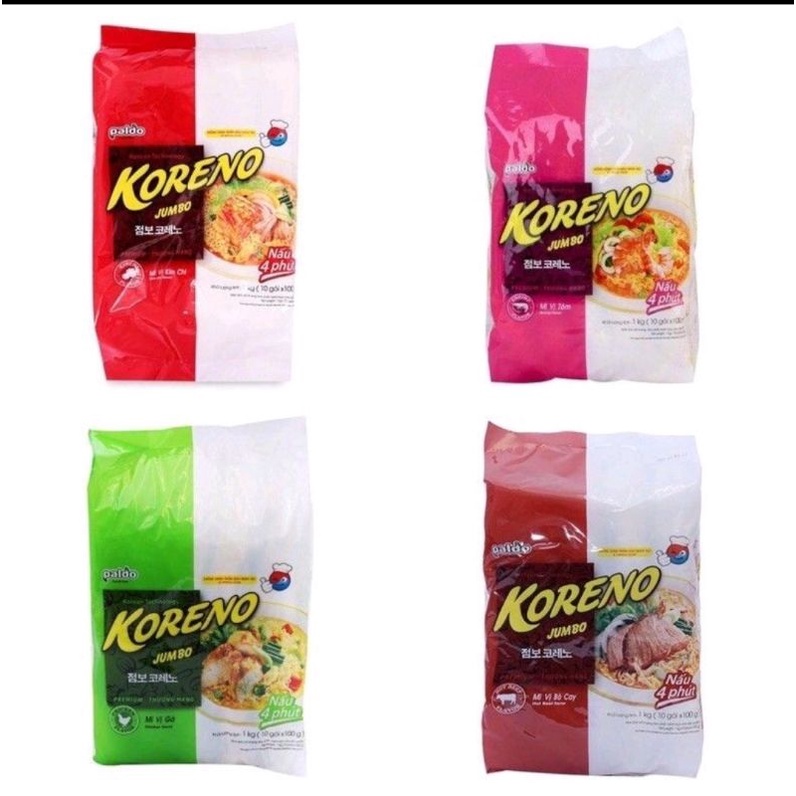 Mì Koreno Jumbo Hàn Quốc vị Bò Cay/ Kim chi/Gà/Tôm Bịch 1kg (10 gói*100g)