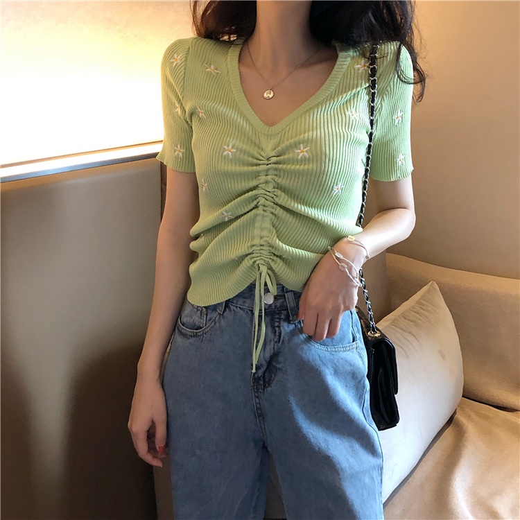 Áo Thun Dệt Kim Tay Ngắn / Ngắn Cổ Chữ v Phối Dây Rút Thời Trang Mùa Hè Mới 2022 Cho Nữ