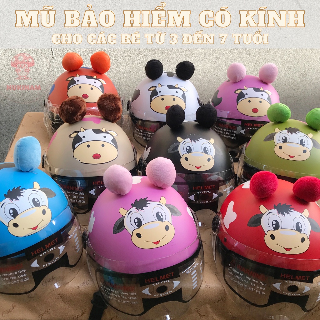Mũ bảo hiểm cho bé từ 1 đến 7 tuổi, Kính mũ Trắng che mặt, Mũ bảo hiểm bò sữa Siêu đáng yêu cho bé Mẫu mới 2022