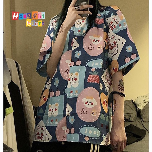 Áo Sơ Mi Họa Tiết Trái Tim Hoạt Hình Tay Lỡ Dáng Rộng Ulzzang Unisex, Sơ Mi Đi Biển - MM