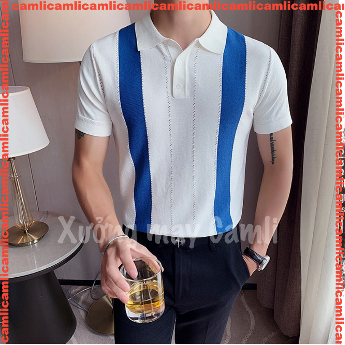 Áo thun POLO kẻ sọc dệt kim mùa hè nam, tay ngắn, mỏng nhẹ, thoáng mát phong cách Hàn Quốc | BigBuy360 - bigbuy360.vn