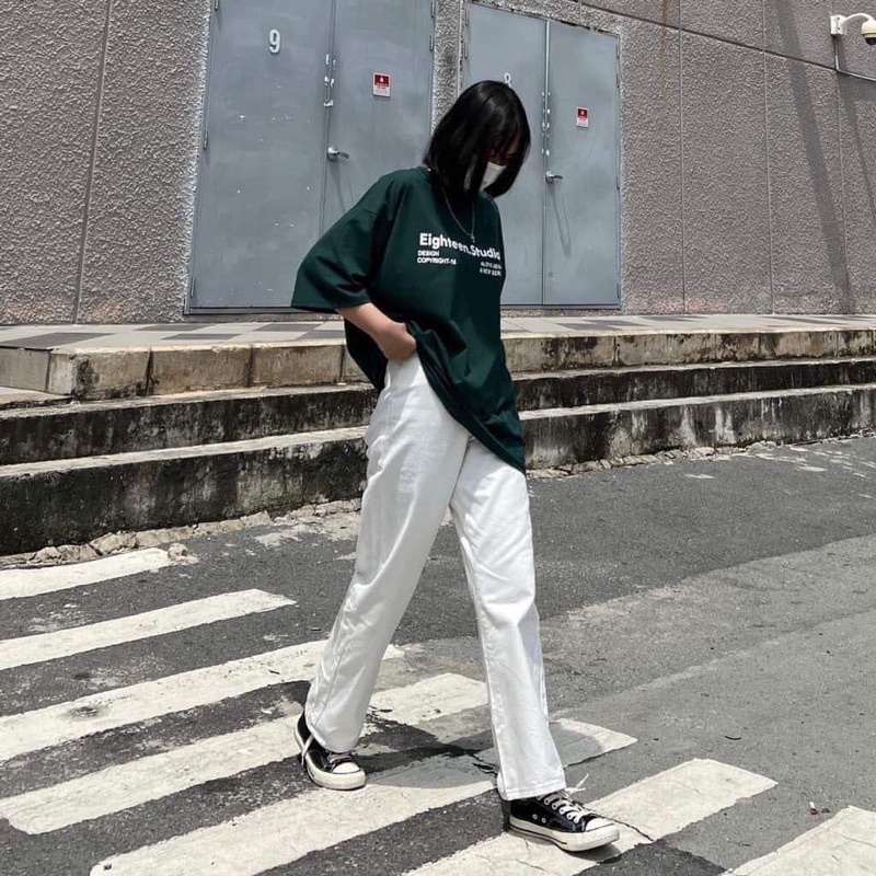 Set Quần Dài Trắng suông Áo Studio 3158 [FREESHIP🌸 Bộ đồ culottes trơn kèm thun form rộng tay lỡ in hình vintage Ulzzang