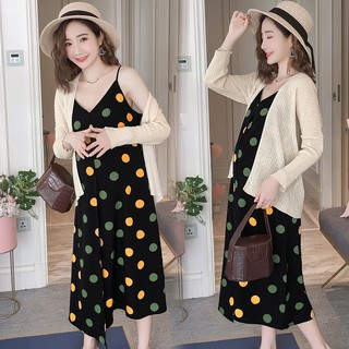 A323 Đầm bầu hai dây chấm bi phối hợp với áo khoác ngoài nhẹ nhàng xinh xắn