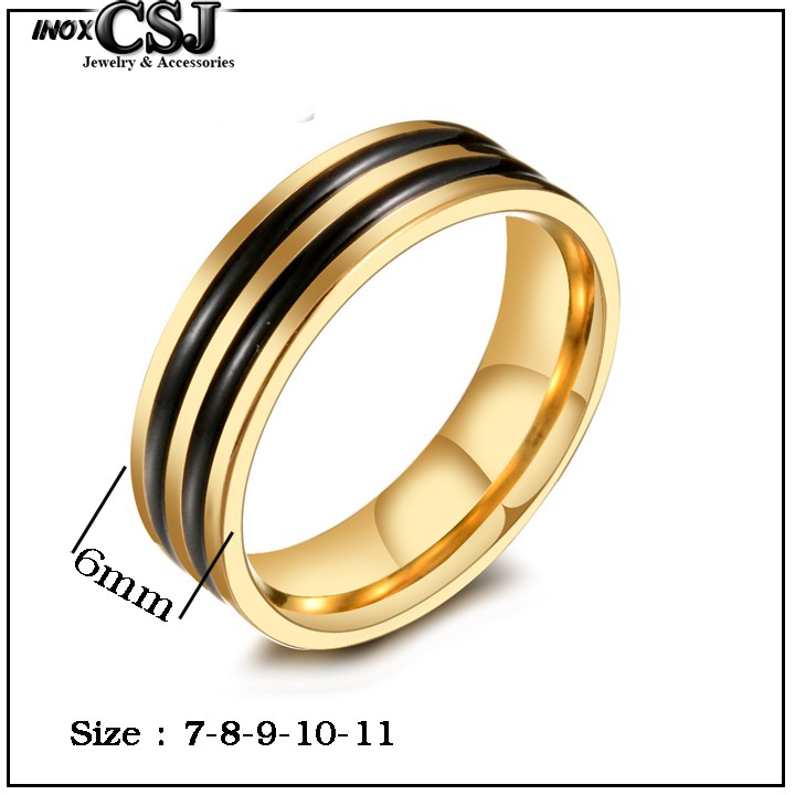 NHẪN NAM INOX MẠ VÀNG 2 SỌC ĐEN BẢNG 6LY siêu đẹp - tặng hộp đựng nhẫn xinh xắn