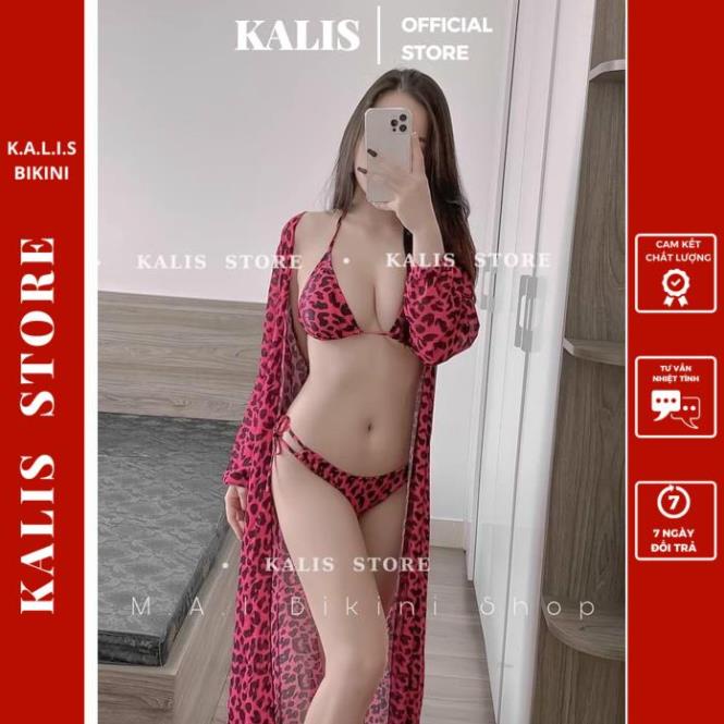 Bikini, Đồ Bơi Đi Biển 2 Mảnh Kèm Áo Choàng Họa Tiết Báo ĐỎ M56| Kalis Store