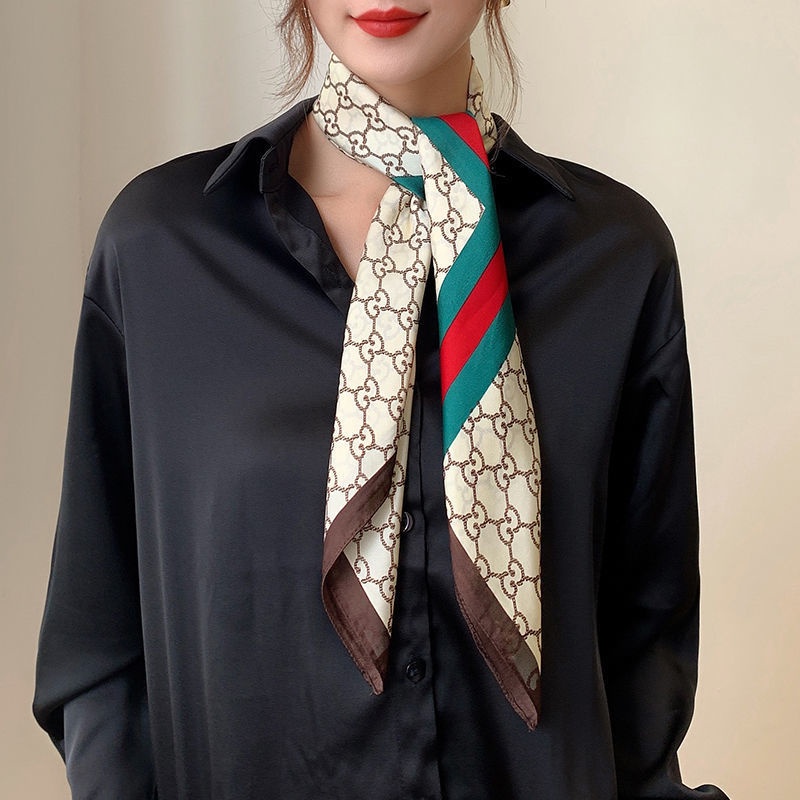 Khăn lụa vuông họa tiết gucci nâu kem sọc xanh đỏ KLV-018 70x70cm THY THY STORE