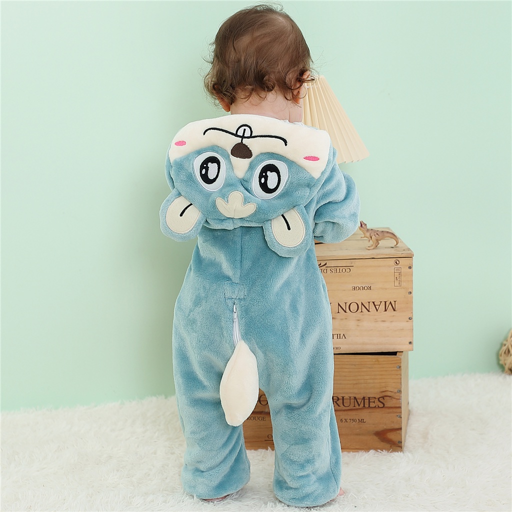 Bộ Áo Liền Quần Tay Dài In Hoạt Hình Khủng Long/ Mèo Dễ Thương Cho Bé Sơ Sinh