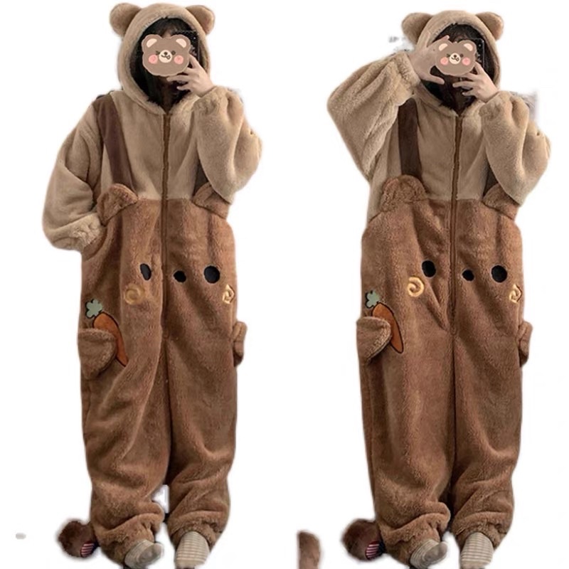 Bộ Ngủ Bông Gấu Nâu Liền Người Couple Bộ Thỏ Trắng Cà Rốt Liền Người Ulzzang