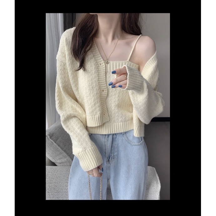 [ẢNH THẬT] SET ÁO LEN HAI DÂY KÈM ÁO KHOÁC LEN CẢDIGAN LÔNG THỎ | BigBuy360 - bigbuy360.vn