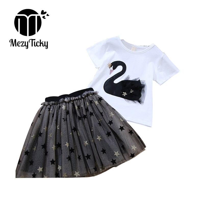 MezyTicky Mùa hè Bé gái Màu đen Trắng Thiên nga T-shirt + Bộ quần áo Công chúa Quần áo Trẻ em Áo khoác Trang phục Ren trẻ em Quần áo sinh nhật