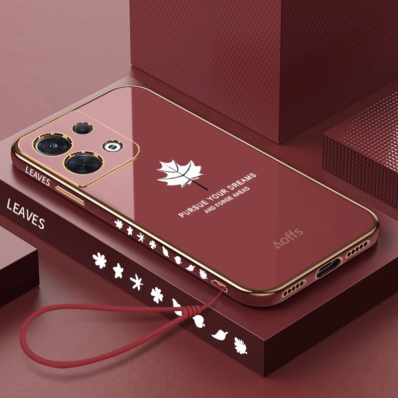 Ốp Điện Thoại Silicon Mềm Màu Kẹo Hình Lá Phong 6D Có Dây Đeo Cho Oppo Reno 8 7 6 5 Pro 4G 5G A54 A15 A15S A16K A16E