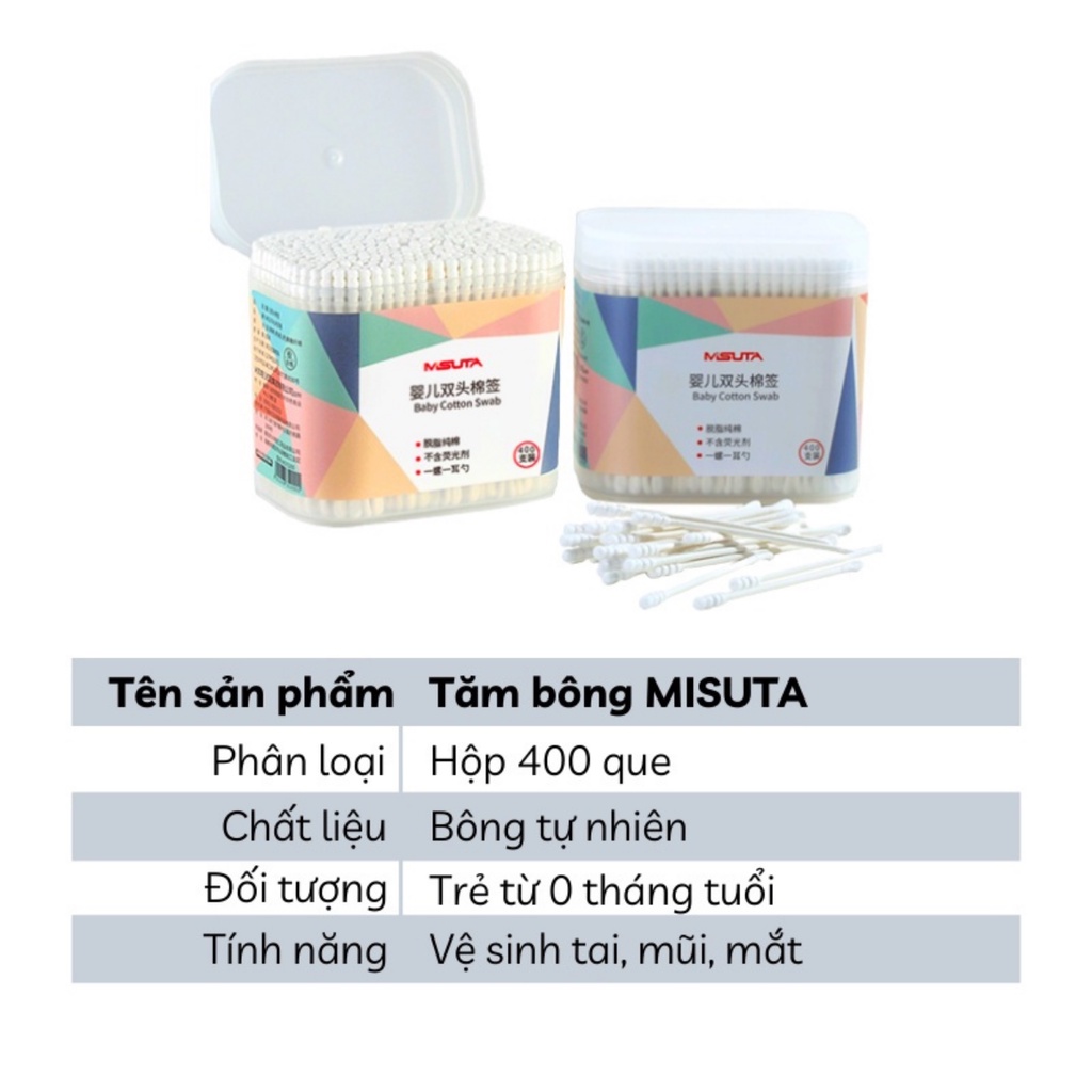 Hộp Tăm Bông Chuyên Dụng YOOTA BABY Cho Bé Sơ Sinh Từ Bông Tự Nhiên Cao Cấp Hộp 400 que MISUTA