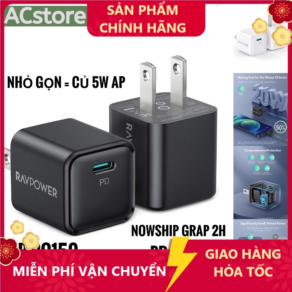 [ KHÔNG HỘP ] Củ Sạc RavPower 20w PD/QC/PPS - RP-PC150 (Bảo Hành 18T)